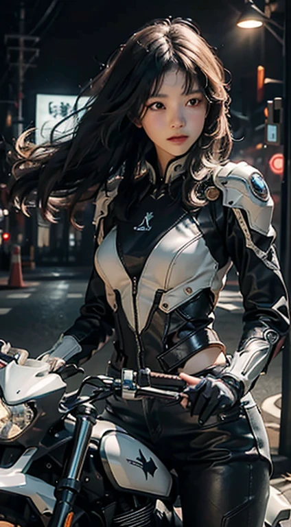 Highest image quality,Outstanding details,超高分辨率,(Fidelity:1.4),The best illustration,Favor the details,Highly cohesive 1girl,He has a delicate and beautiful face,The fuselage of the silver-gray mech,Hold the direction controller,Riding on a motorcycle,The background is a high-tech lighting scene in the future city。