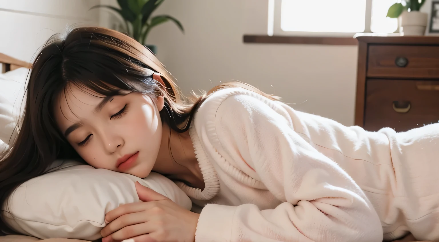 a beautiful young lady, fluffy pajama, upper body, cozy room, sleeping on a pillow, lie down
