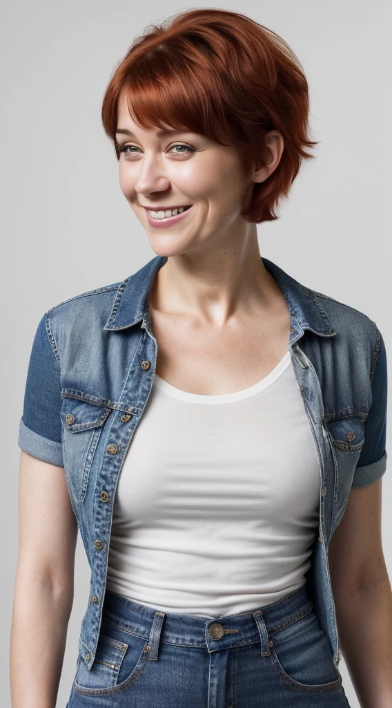 smiling woman with short red hair in a pixie cut haircut and a white tshirt with jeans, hair this person does not exist, probably in her 30s, kate mulgrew-mary elizabeth winstead-margot kidder-lena dunham-laura leighton-jacqueline mckenzie-aubrey peeples-kate middleton-evan rachel wood-rebecca demornay-brie larson-julie andrews merged, entire body visible, full body, hyperrealistic, best quality, 8K, real human skin, masterpiece, extremely intricate, medium closeup, detailed eyes, detailed face, detailed body, exaggerated features, pronounced features