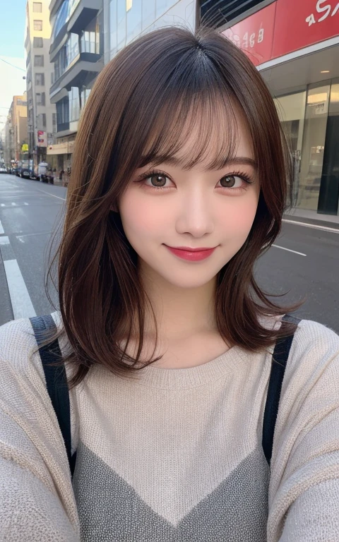 (best quality,highres:1.2),illustration,ultra-detailed,fine details,high resolution,perfect dynamic composition,beautiful detailed eyes,medium hair,natural colored lips,bashful smile,wandering on Aoyama Street,24-year-old girl,black long-sleeved top