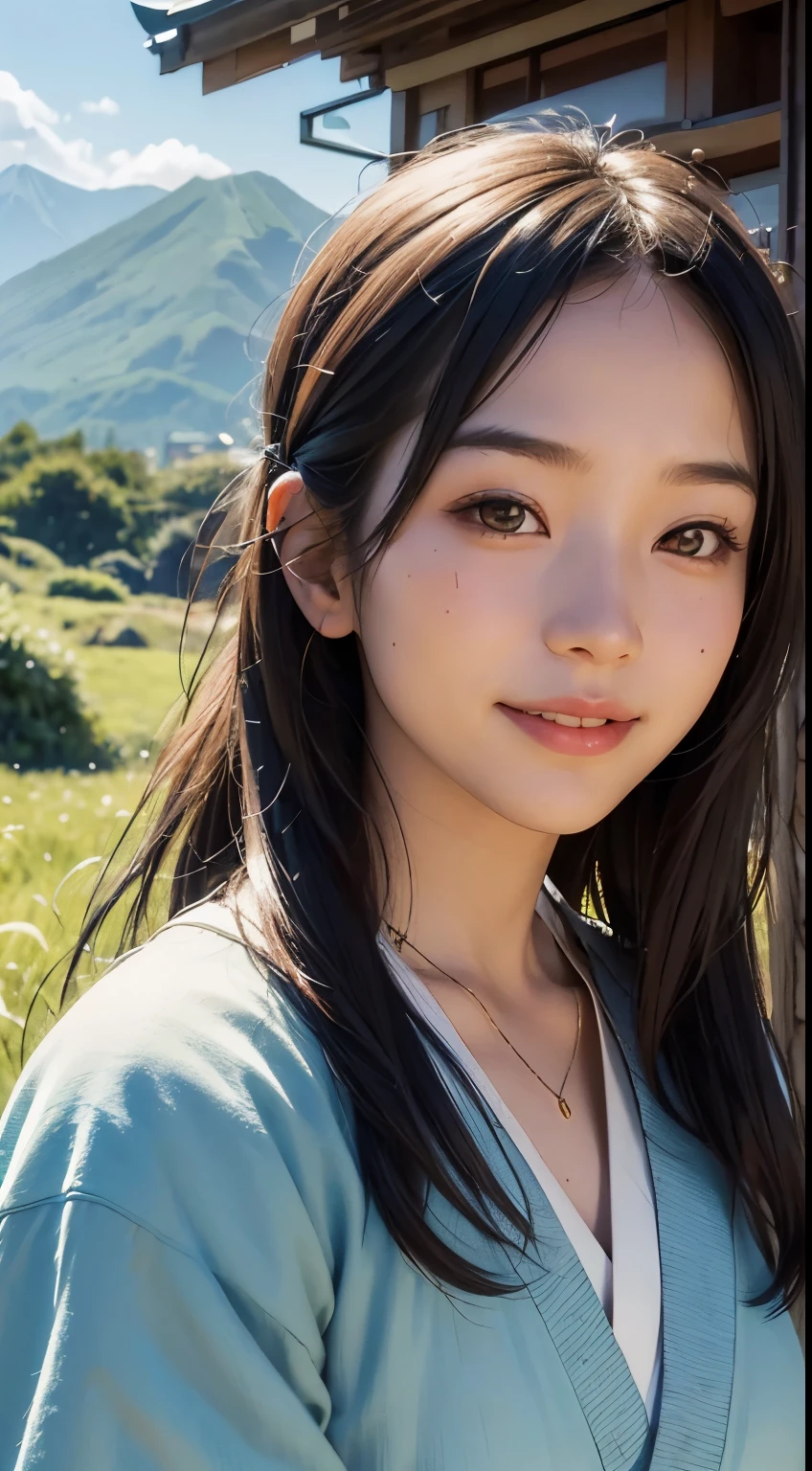 beautiful girl in a primitive costume made of hemp, with Japanese dog, front face, photo, an extremely delicate and beautiful, extremely detailed, Amazing, extremely detailed skin, (18 years old:1.2), cute girl, famous Japanese idol, kawaii, fair skin, shiny skin, chin thin, (smile:1.2), cute, young, extremely detailed nose, extremely detailed mouth, cute face, (realistic face:1.4), beautiful views, japan, nature, grass field, mountain, outdoors, blue sky