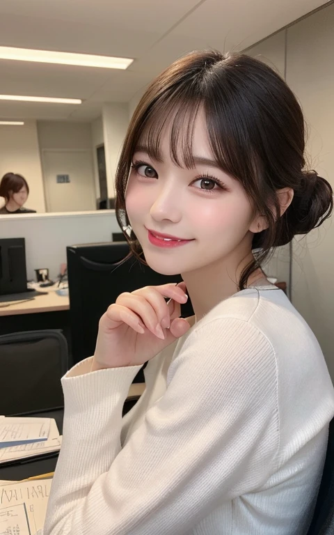 masutepiece, Best Quality, Illustration, Ultra-detailed, finely detail, hight resolution, 8K Wallpaper, Perfect dynamic composition, Beautiful detailed eyes, office attire,Bob Hair, Natural Color Lip, ,Smile,20 years girl、white long sleeves