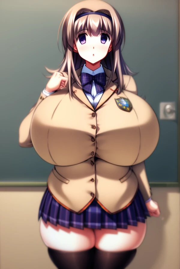 nanaminishijou, nanami nishijou, long hair, brown hair, (purple eyes:1.1), hairband,
BREAK skirt, school uniform, jacket, plaid, black pantyhose, plaid skirt, blazer, (brown jacket:1.2), (brown blazer:1.2),
BREAK looking at viewer,
BREAK indoors, classroom,
BREAK (masterpiece:1.2), best quality, high resolution, unity 8k wallpaper, (illustration:0.8), (beautiful detailed eyes:1.6), extremely detailed face, perfect lighting, extremely detailed CG, (perfect hands, perfect anatomy), (large breasts, large hips:1.6)