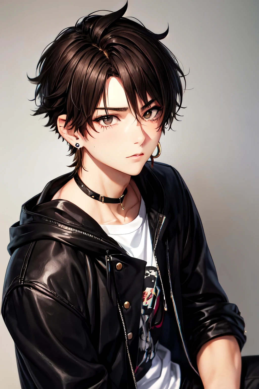 Emo guy, with black eyeliner, brown eyes, ear   piercings