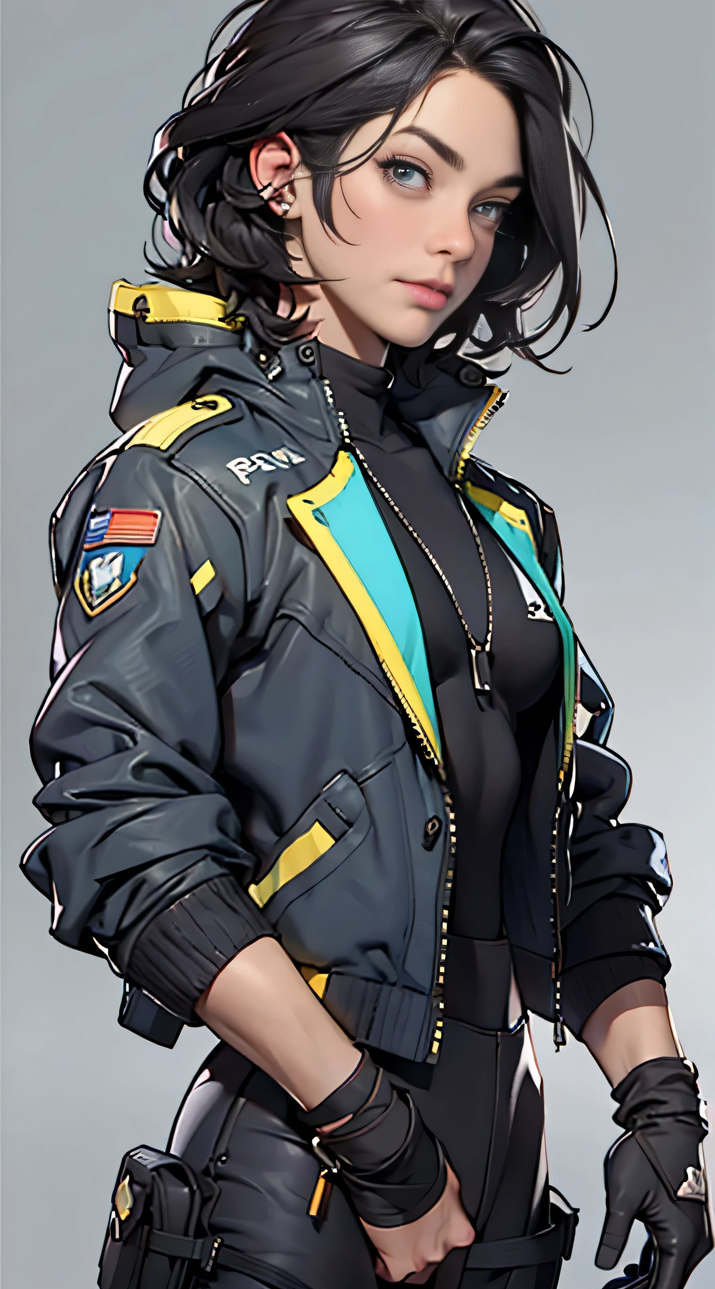 11:23(((Best quality: 1.4))),(Unbeatable masterpiece), (hyper HD),(Hyper-realistic 8k CG)、（dark colored hair） ((( body))), (((1 girl in))), 25-year-old American soldier with perfect body,,Beautiful and well groomed face,muscular body:1.2,Solid royal blue jacket with details, (Pictures from head to thighs)， Complex equipment, Dark purple coat，long trousers，The clothes inside are dark，Clothes with metal electronic parts,Tech Armor )