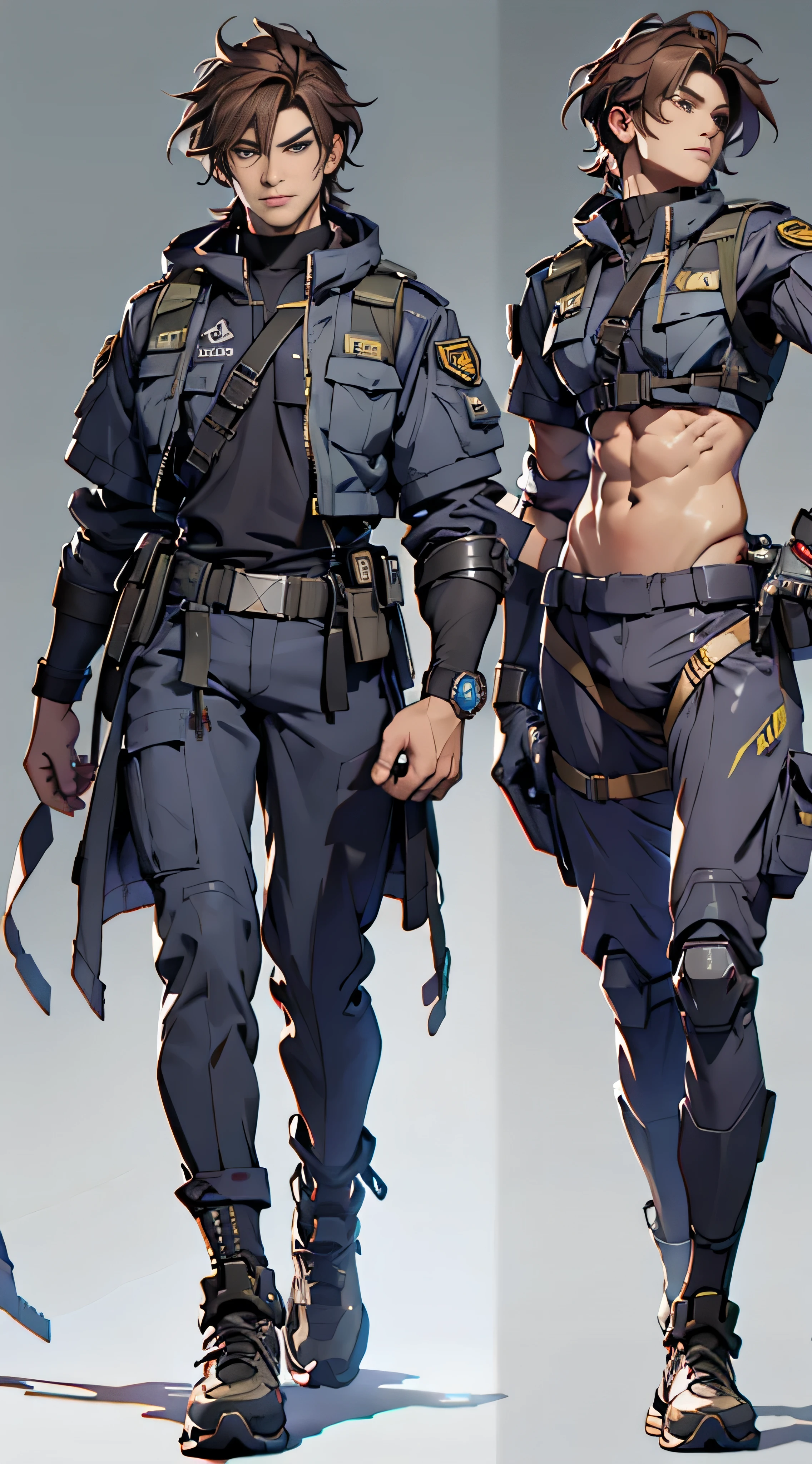 11:23(((Best quality at best: 1.4))),(Unbeatable masterpiece), (hyper HD),(Hyper-realistic 8k CG)、(Cross one hand at your waist,this is it),(dark colored hair) ((( body))), (((1 girl in))), 25-year-old American soldier with perfect body,,Beautiful and well-groomed face,muscular body:1.2,Solid royal blue jacket with details, (Pictures from head to thighs), Complex equipment, Dark purple coat,long trousers,The clothes inside are dark,Clothes with metal electronic parts,Tech Armor )