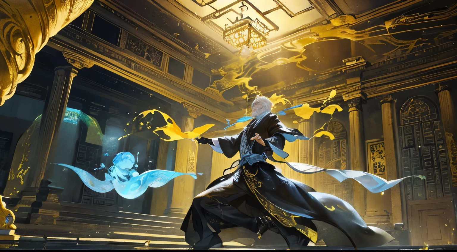 A transparent ghost penetrated the old man's body.he ancient Chinese dark room, majestic, glazed tiles, colorful gold rays of light, ((color ink)),((splash ink)),((splash ink) ink}) ), masterpiece, high quality, Refined graphics, high detail
