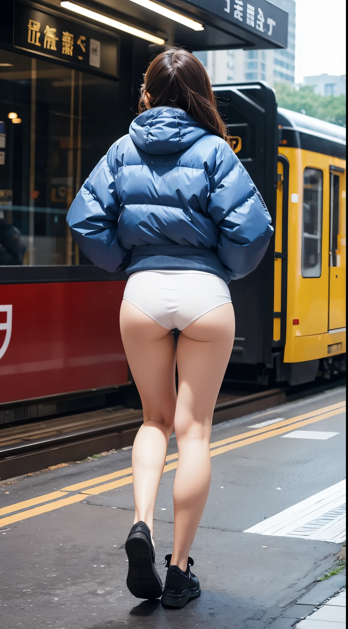 Station platform、White underwear under the down jacket、Show your ass、stick out buttocks、fullbody image、Inside the station