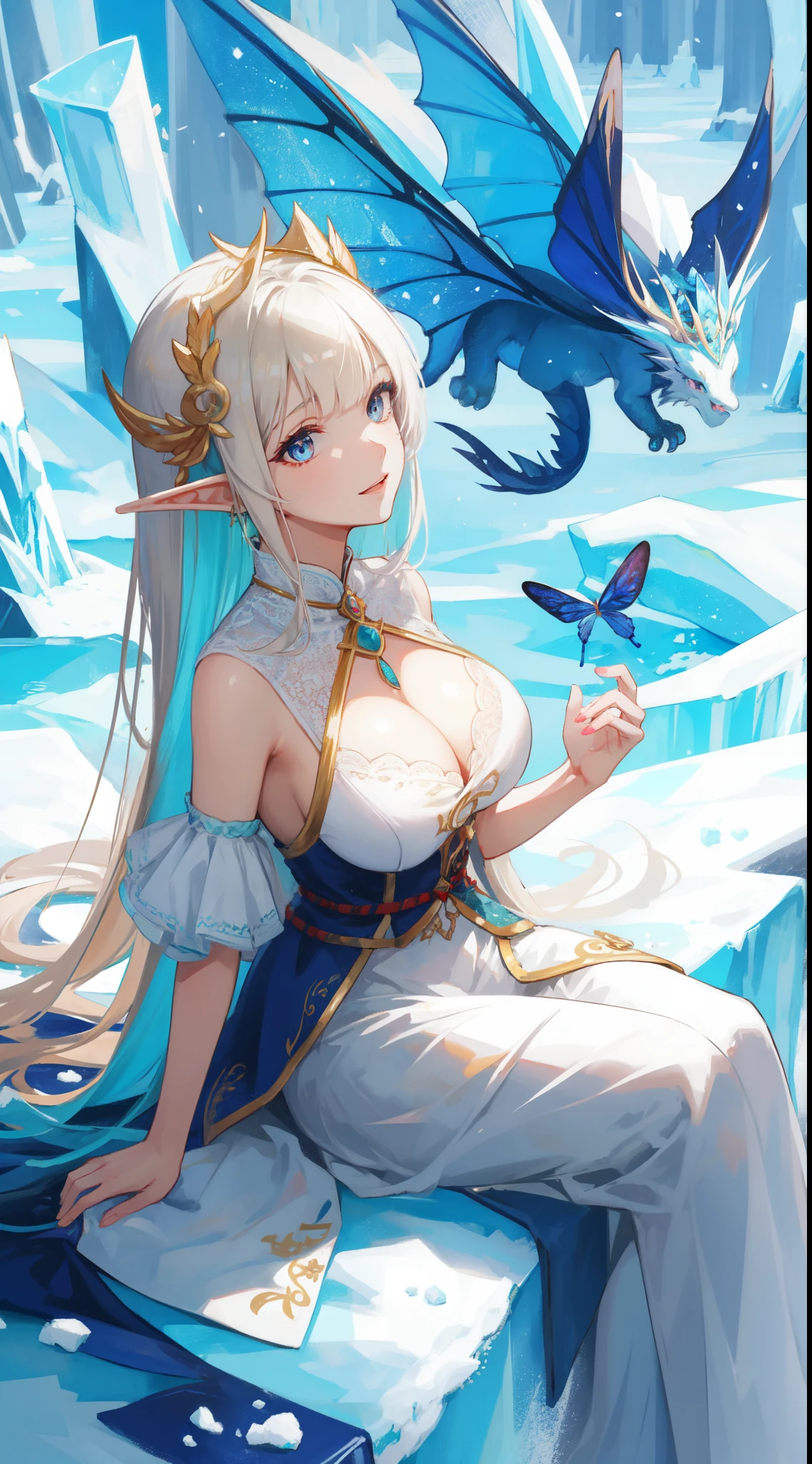 ((masterpiece, best quality)), official art, 8k wallpaper, ultra detailed, vibrant watercolor on rough paper anime illustration, a beautiful elf saintess is playing with a young dragon in the garden of an ((ice castle)). She finds a glowing butterfly and chases it. Her white dress flutters in the wind, and her golden hair shines in the sun. The young dragon flies happily with the butterfly. He sometimes sits on the saintess’s head and coos softly to her. They laugh together and marvel at the ice flowers and snow crystals. The scene is peaceful and joyful, and the perspective is from the side of the garden. design by (Yoshitaka Amano:0.23), BREAK, (elf), (1girl), solo, perfect face, details eye, Blunt bangs, (hair between eye), white blonde hair, blue eyes, big breast,  style art by Artgerm, by Kawacy, by Charlie Bowater,  BREAK, eyelashes, eyeshadow, pink eyeshadow, BREAK, young dragon, Blue eye,