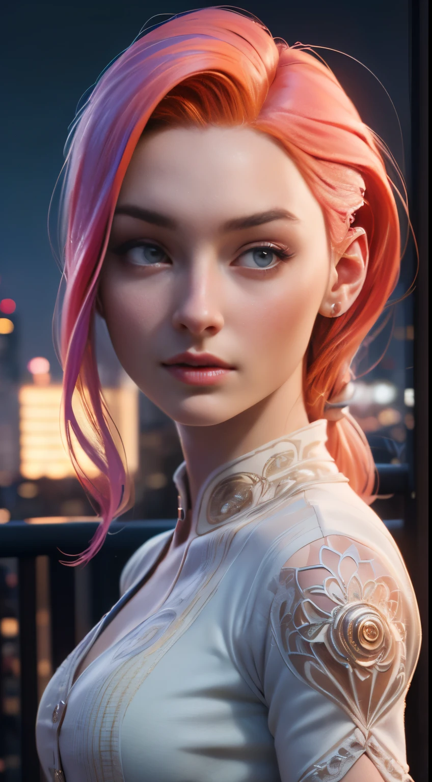 photo of Sophie Turner, RAW, beautiful woman, ((portrait)), ((detailed face:1.2)), ((detailed facial feature, detailed skin, clear skin), (perfect proportioned body), (wearing a colorful dress) (high detailed city environment, apartment balcony), (realistic photo, best quality, detailed), (8k wallpaper), (cinematic lighting, dramatic lighting) (sharp focus, intricate)