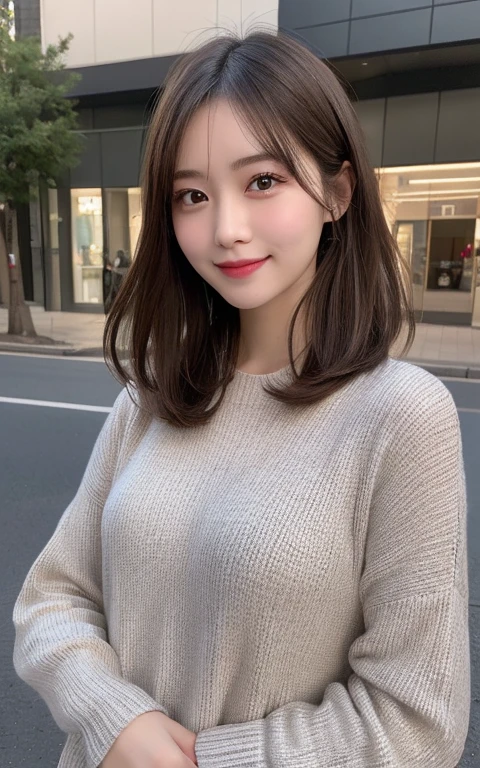 (best quality,highres:1.2),illustration,ultra-detailed,fine details,high resolution,perfect dynamic composition,beautiful detailed eyes,medium hair,natural colored lips,bashful smile,wandering on Aoyama Street,24-year-old girl,black long-sleeved top