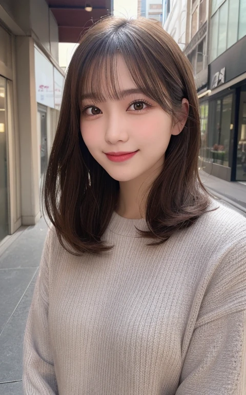 (best quality,highres:1.2),illustration,ultra-detailed,fine details,high resolution,perfect dynamic composition,beautiful detailed eyes,medium hair,natural colored lips,bashful smile,wandering on Aoyama Street,24-year-old girl,black long-sleeved top