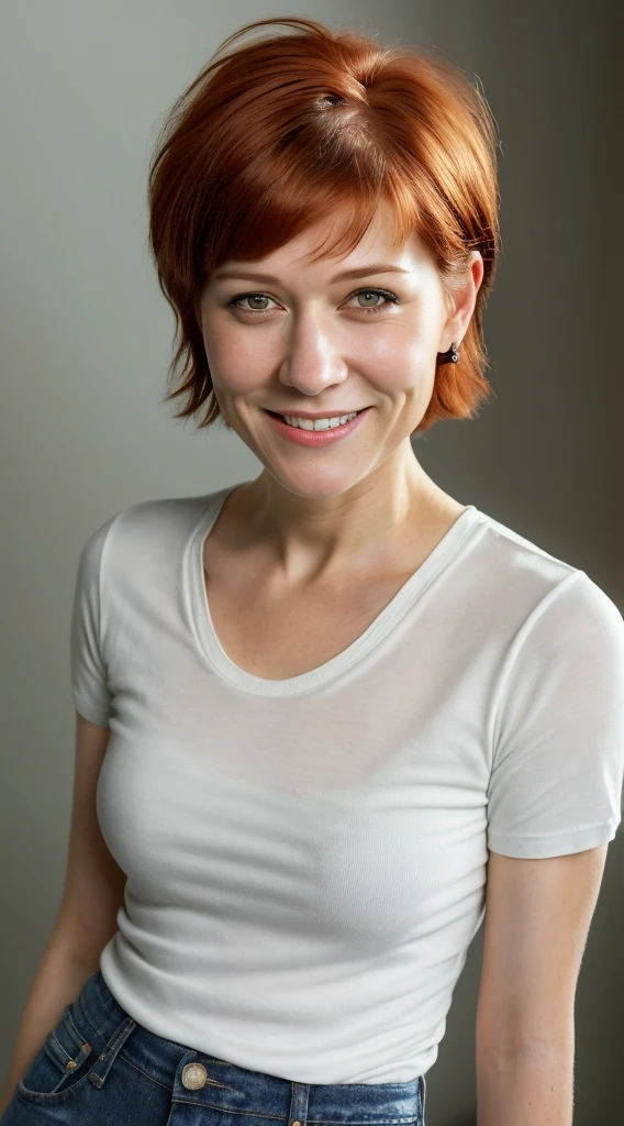 smiling woman with short red hair in a pixie cut haircut and a white tshirt with jeans, this person does not exist, probably in her 30s, kate mulgrew-mary elizabeth winstead-margot kidder-lena dunham-laura leighton-jacqueline mckenzie-aubrey peeples-kate middleton-evan rachel wood-rebecca demornay-brie larson-julie andrews merged, entire body visible, full body, hyperrealistic, best quality, 8K, real human skin, masterpiece, extremely intricate, medium closeup, detailed eyes, detailed face, detailed body, exaggerated features, pronounced features