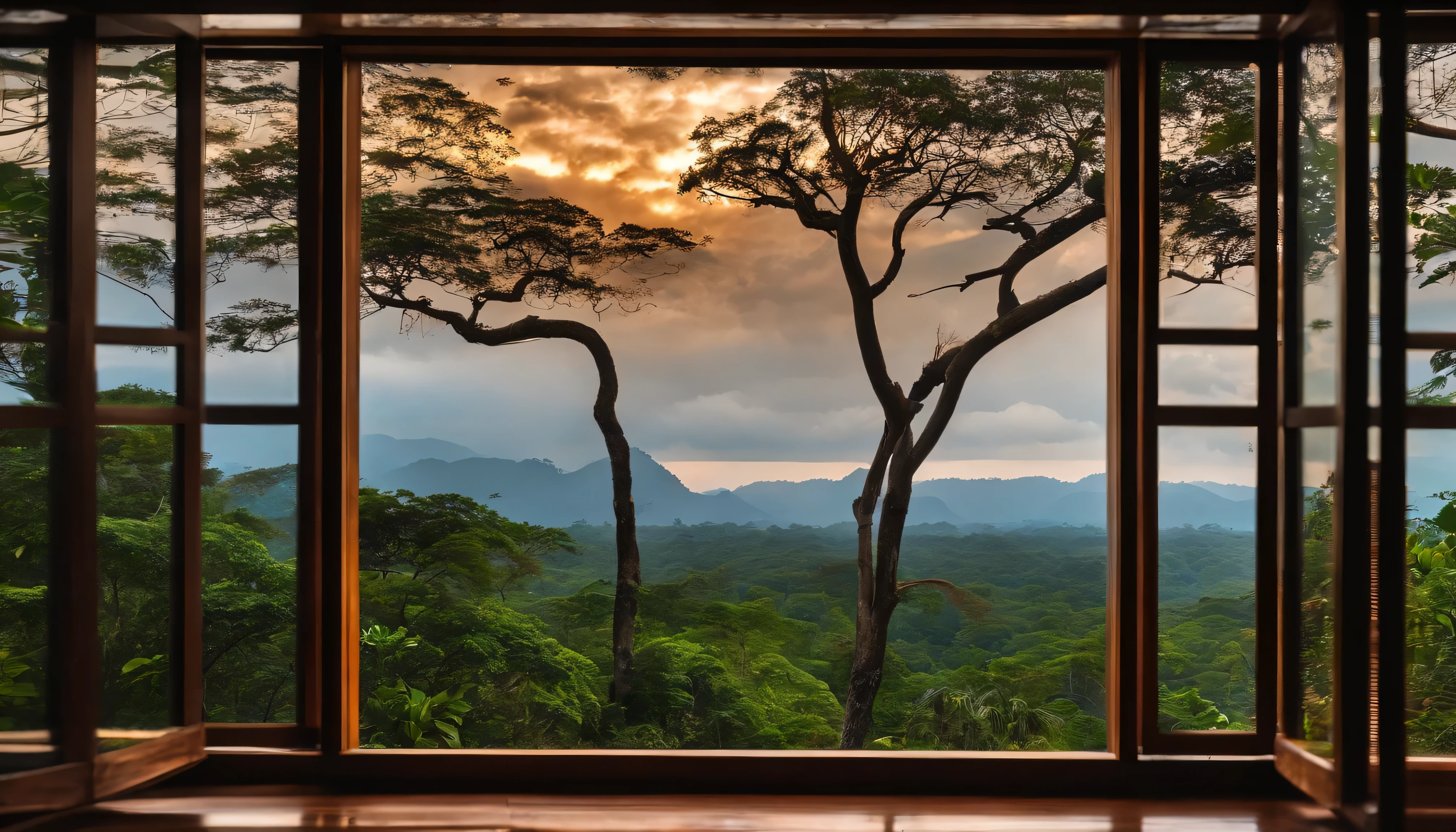 Create images of wood and glass windows，There is a tree outside the window，branches slightly charred.，The Brazilian rainforest is in the background.