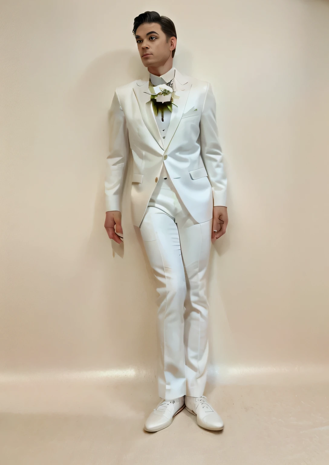 Full body photo,A young man in a white suit,slimfigure,Realistic clothing wrinkles and facial features,Decorative flowers on neckline,Loose sleeves,The body is slightly tilted,Exquisite white leather shoes