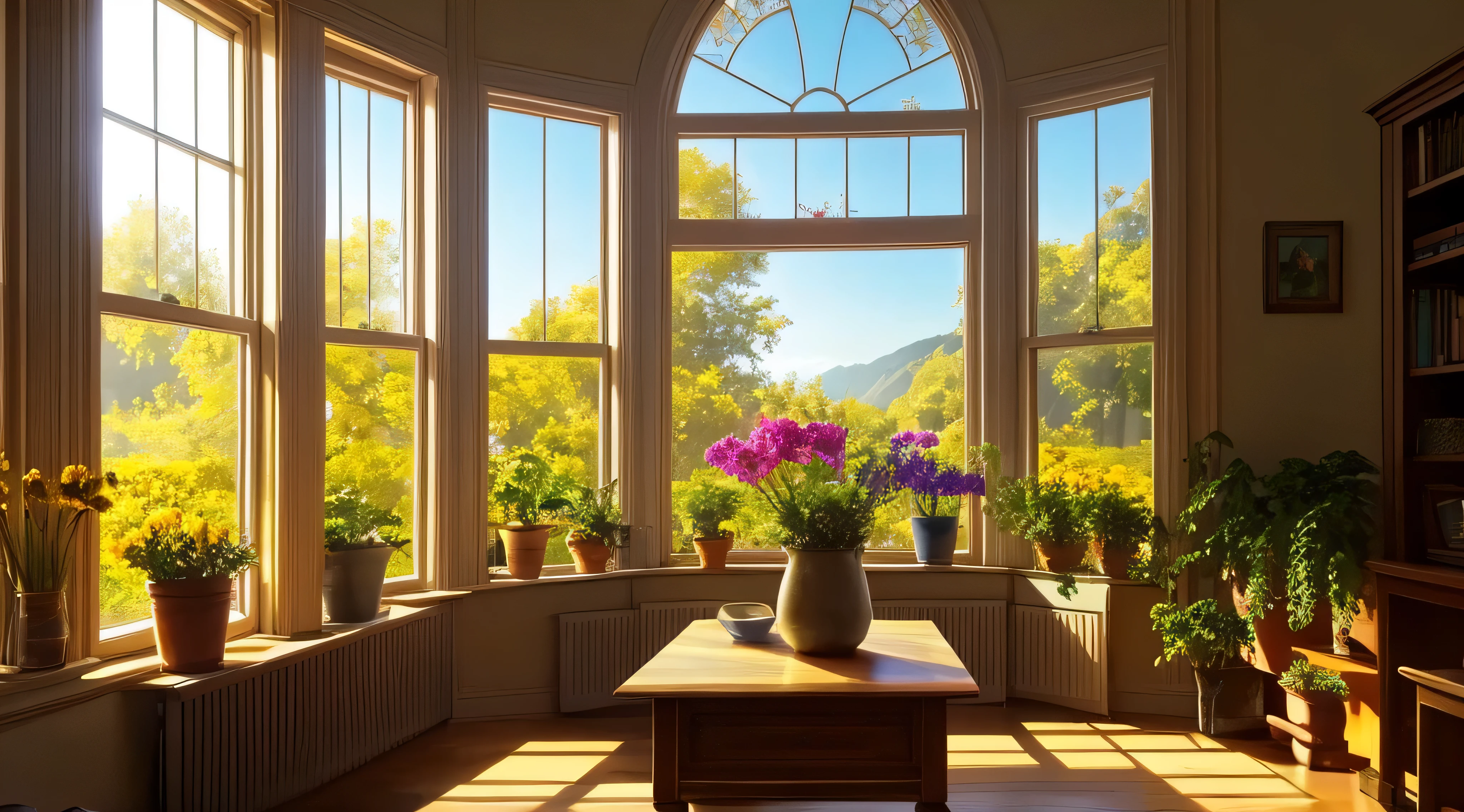 There is a painting with sunlight shining through the window, sunlit windows, summer morning light, Dramatic warm morning light, Sunny bay window, brilliant morning light, afternoon sunlight, dramatic morning light, afternoon light, soft glowing windows, golden hour sunlight, afternoon light, Early morning light,There are many plants and flowers among the authors'of the house:Arthur Penn, Home page background, soft light from the window, at summer afternoon