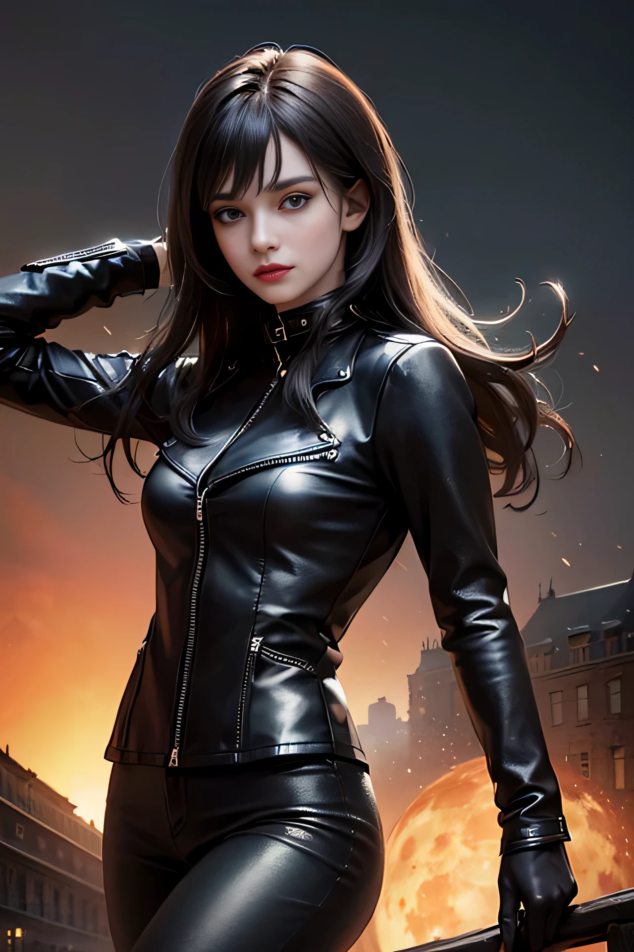 (skindentation:1.5), Realistic, Photorealistic, (masterpiece:1.5), concept art, intricate details, highly detailed, photorealistic, octane render, 8k, unreal engine, dynamic pose, best quality, highres, (realistic face:1.1), (hyperrealistic:1.1), (((full_body))), perfect eyes,(shiny skin:1.2), (((hairstyle))), (((perfect handtremely detailed background), ((dynamic background)), ((large moon)), ((1girl)), wearing black leather jacket, black leather long pants, black t-shirt, black bootlowing jacket))), ((detailed eyes, high quality eyes, high quality face)), (extremely intricate jacket), long black hair, ((dramatpic, city, depth of field, bokeh, 4k, college, ((standing pose))