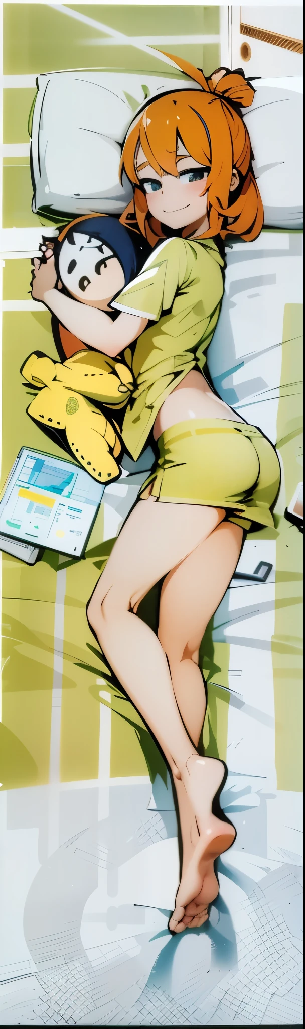 (flatcolors:1.3),(One color:1.3),(tmasterpiece:1.2),(Perfect lines:1.3),Best quality at best,A girl in bed, A happy expression appeared on her face, Hand holding cute cat head shaped pillow. girl lying on side, fully visible in frame. She has an anime-style round hairstyle,(Uniform figure),oda'oda'oda'oda'There's another pillow on the bed next to her, The girl has orange hair,Wearing a cute pajama set. 图像应该是Best quality at best, 4k画质, Demonstrate ultra-detailed and realistic features. Known for its beautiful and beautiful illustrations.,The color tone should be warm and comfortable, The lighting is soft and soft,Perfect body proportion
