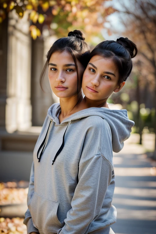 masterpiece:1.2, best quality), realistic, (real picture, intricate details, depth of field), (2heads:1.4), (1girl, solo), highly-detailed, perfect face, (skindentation), perfect thighs, identical faces, black hair tied up in a bun, bangs, blushing, Serbian, two heads, hoodie.
