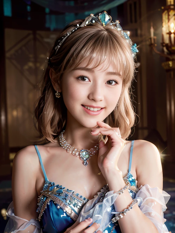 masterpiece, an extremely delicate and beautiful, extremely detailed, CG, unity , 2k wallpaper, Amazing, finely detail, light smile, extremely detailed CG unity 8k wallpaper, highres, absurdres, soft light, (((medium hair:1.3), Japanese girl, perfect style, ((smile)), light brown hair, blowing in the wind, brown eyes, luxury diamond necklace, wearing a mane with blue flowers, jewelry, diamond, blue jeweled pearl head, Sheer white dress embellished with diamonds, see-through, aeolian, short facing the viewer, looking at viewer, ((in royal palace)), royal, divine, princess, goddess, godlike, dreamlike, left hand to mouth, diamond ring,