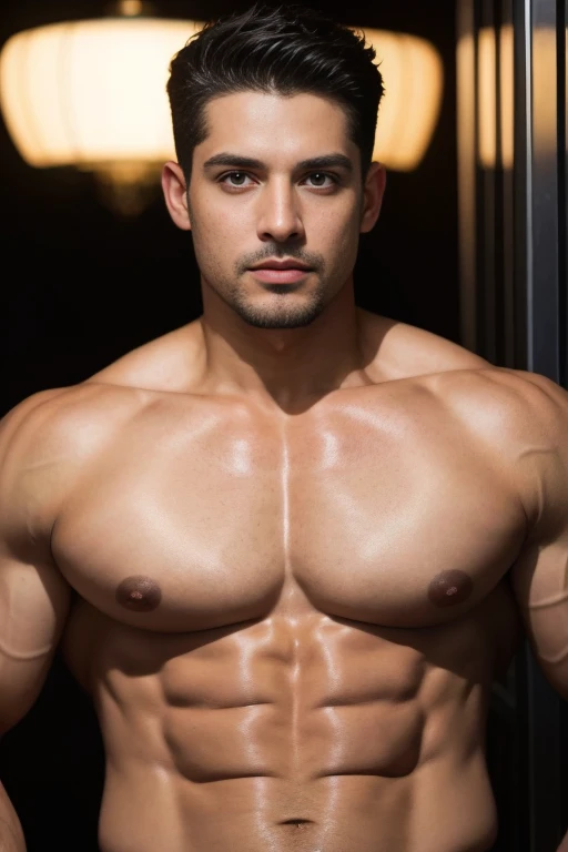 tmasterpiece, Best quality at best, 8K high resolution, absurd res, actual, grabbing own pecs, There are scars on the nose, Bright, sexy and charming eyes,eBlue eyes,Melancholy Look,1boys, Alone, short detailed hair, pectoral focus, large pecs, Be red in the face, , brunette color hair, Seven doppelgangers, Muscular, smooth and shiny,Naked,Royal gold,looking at viewert, roman emperor heliogabalus