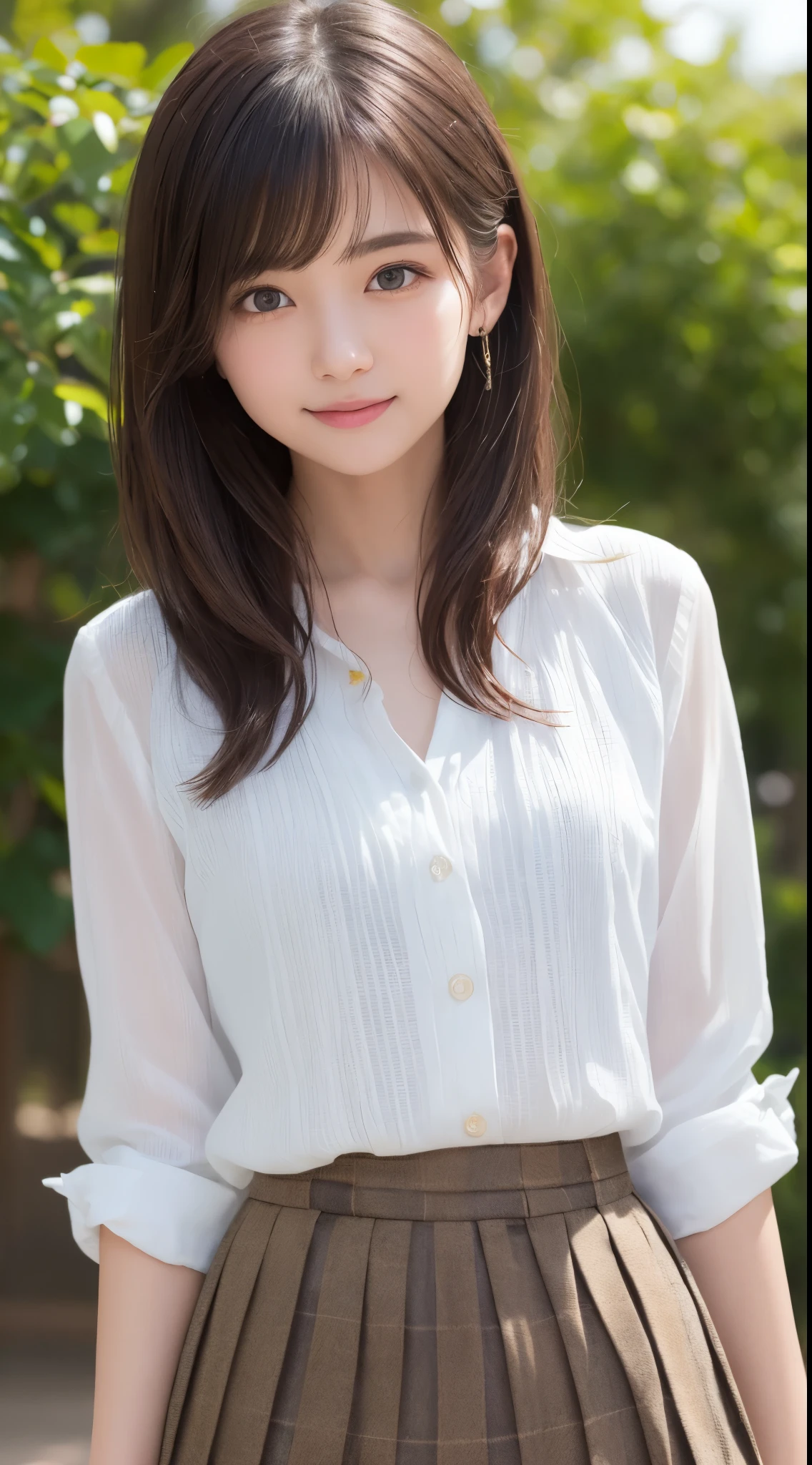 ssmile、Original photography、(((ultimate beauty portrait)))、((glistning skin))、1 girl、Beautiful girl from Prague、bright expression、((Brown hair)))、(Plaid pleated skirt:1.5)、((Big eyes sparkling like gems))、Cardigan shirt、Open your clothes、lace hose、Skin glows、(Medium hair)、(silk ponytail)、(everlasting)、eyeline、beautiful bangs、hair between eye、((tmasterpiece、quality、ultra - detailed、movie light lighting、Complicated details、A high resolution、The content is very detailed))、Background with、8 gourde、Digital SLR、gentlesoftlighting、高quality、filmgrain、XT3 、shallowdepthoffield、Natural soft light、Shang Ming、plump bust
