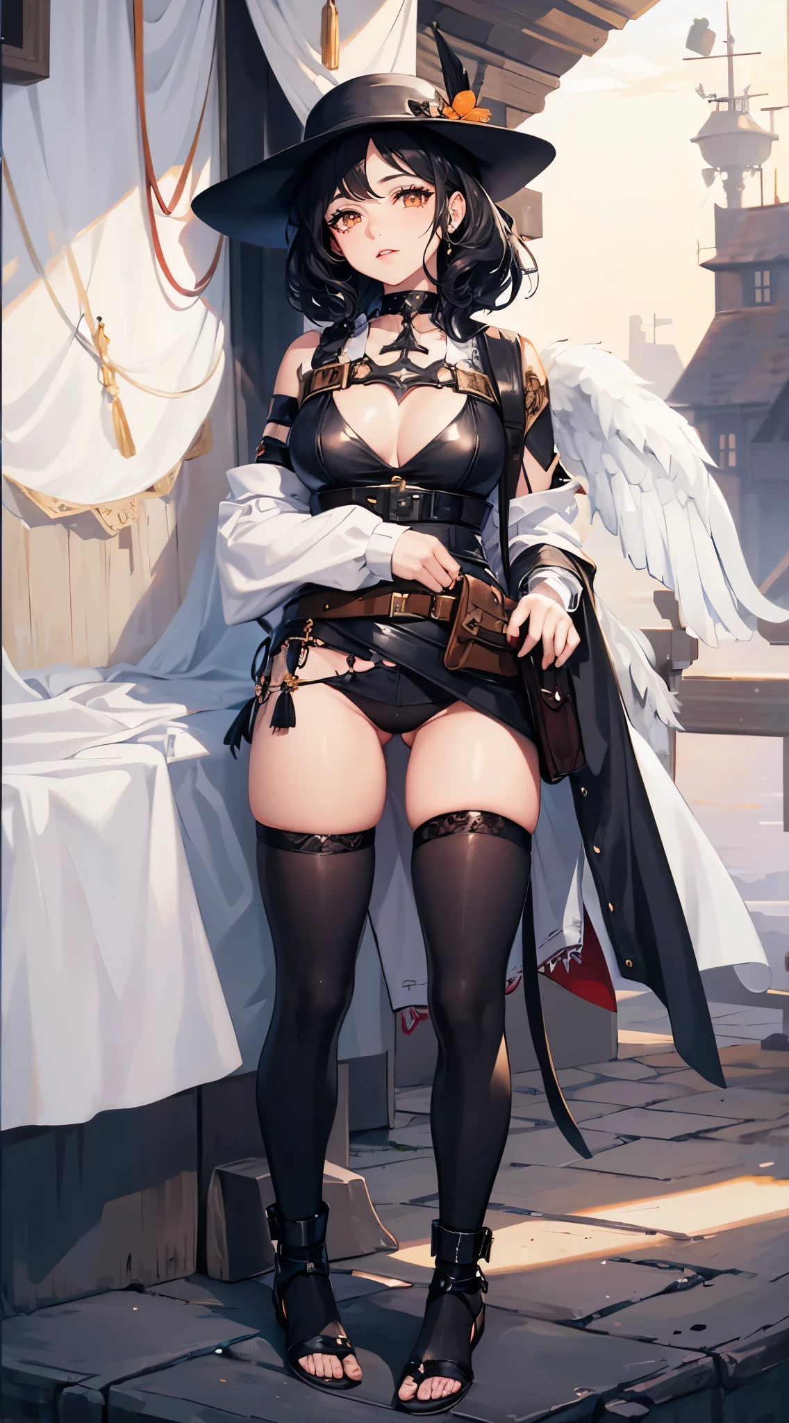 close up, The world of dreams, Imperial sister, short black curly hair,medieval messenger hat,Hat with feathers, Redlip, camisole leather top, short crop top, humanoid creature, Medieval port, Her skin is very white, White complexion, Orange eyes, disheveled black hair, obi strip,waist bag, The barefoot,Two black stockings leg tattoo,