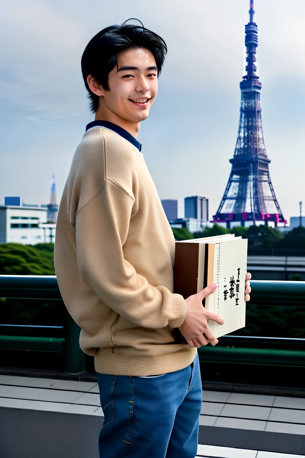 A Japanese high school boy holding his books in his right hand and on his left shoulder, he is carrying his back. He is wearing a light brown sweater and black jeans. The view is he is standing. He has black hair, brown eyes, tan skin. His eyes are shining. the background is, he is standing on the corner of the school top and the sky is lightly coverd with cloud. On the left side of the background, the famous Tokyo tower. His both hands are on his hips and he is smiling lightly to the viewer.