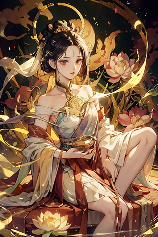 (Chinese immortalism), multiplication_Hands,(Mythological tales), She sits on a lotus, (Three hands to the left,Three hands to the right, Each hand has a different Buddhist vessel, bilaterally symmetrical),(delicate and beautiful face), (White silk robe)Sitting on a lotus flower, frontal photos,lightsmile, neo-classical, Op art, Chiaroscuro, Cinematic lighting, God Light, Ray tracing, character sheets, projected inset, One-person viewpoint, hyper HD, masutepiece, ccurate, Textured skin, Super Detail, high details, High quality, awardwinning, Best Quality, hight resolution, Exquisite and perfect facial features,beautiful and delicate eyes,long eyelasher,Delicate eyeliner,almond eyelid eyes,Dark pupils,Eyeeautiful lip detail with highlights,8Khight resolution,anatomy correct,Oil painting thick painting style、花魁