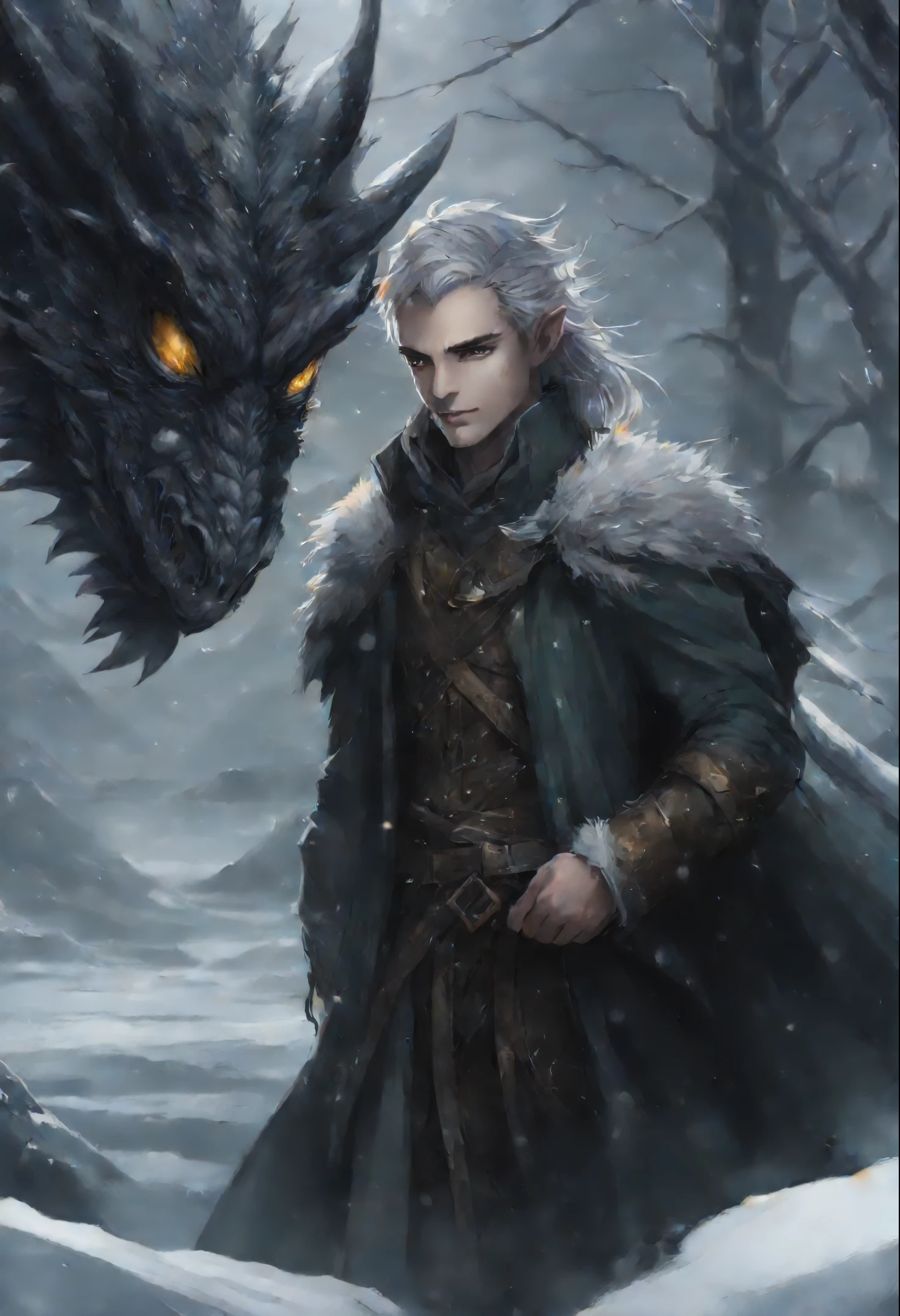 Dark Fantasy, lord of the rings, elves, The Hobbits, Dragons, magiciansWarm morning snowy foggy, style anime