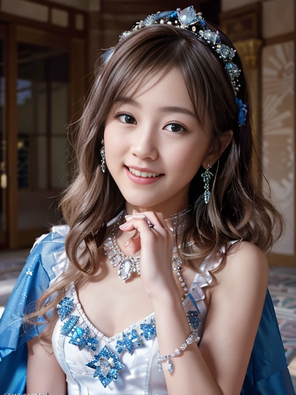 masterpiece, an extremely delicate and beautiful, extremely detailed, CG, unity , 2k wallpaper, Amazing, finely detail, light smile, extremely detailed CG unity 8k wallpaper, highres, absurdres, soft light, (((medium hair:1.3), Japanese girl, perfect style, ((smile)), light brown hair, blowing in the wind, brown eyes, luxury diamond necklace, wearing a mane with blue flowers, jewelry, diamond, blue jeweled pearl head, Sheer white dress embellished with diamonds, see-through, aeolian, short facing the viewer, looking at viewer, ((in royal palace)), royal, divine, princess, goddess, godlike, dreamlike, left hand to mouth, diamond ring,