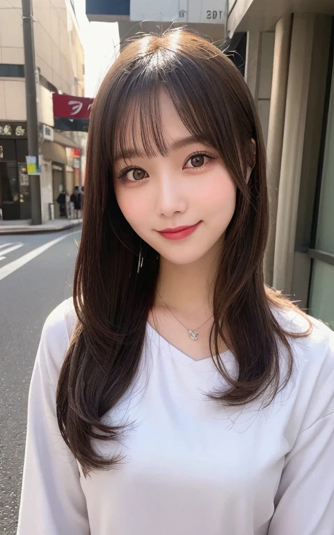 nurse,(best quality,highres:1.2),illustration,ultra-detailed,fine details,high resolution,perfect dynamic composition,beautiful detailed eyes,medium hair,natural colored lips,bashful smile,wandering on Aoyama Street,29-year-old girl,black long-sleeved top