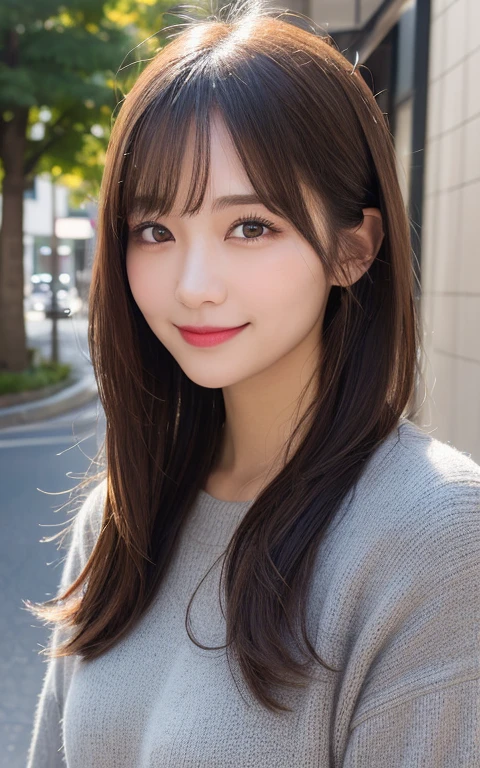 (best quality,highres:1.2),illustration,ultra-detailed,fine details,high resolution,perfect dynamic composition,beautiful detailed eyes,medium hair,natural colored lips,bashful smile,wandering on Aoyama Street,29-year-old girl,black long-sleeved top