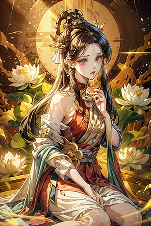 (Chinese immortalism), multiplication_Hands,(Mythological tales), She sits on a lotus, (Three hands to the left,Three hands to the right, Each hand has a different Buddhist vessel, bilaterally symmetrical),(delicate and beautiful face), (White silk robe)Sitting on a lotus flower, frontal photos,lightsmile, neo-classical, Op art, Chiaroscuro, Cinematic lighting, God Light, Ray tracing, character sheets, projected inset, One-person viewpoint, hyper HD, masutepiece, ccurate, Textured skin, Super Detail, high details, High quality, awardwinning, Best Quality, hight resolution, Exquisite and perfect facial features,beautiful and delicate eyes,long eyelasher,Delicate eyeliner,almond eyelid eyes,Dark pupils,Eyeeautiful lip detail with highlights,8Khight resolution,anatomy correct,Oil painting thick painting style、((花魁))、(((You Guo)))
