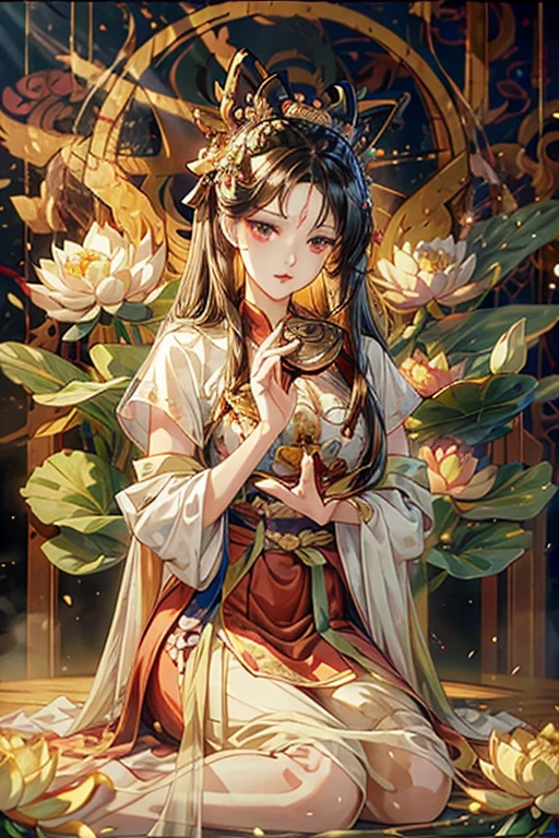 （Chinese immortalism）, multiplication_Hands，（Mythological tales）, She sits on a lotus, （Three hands to the left，Three hands to the right, Each hand has a different Buddhist vessel, bilaterally symmetrical），（delicate and beautiful face）, （White silk robe）Sitting on a lotus flower, frontal photos，lightsmile, neo-classical, Op art, Chiaroscuro, Cinematic lighting, God Light, Ray tracing, character sheets, projected inset, One-person viewpoint, hyper HD, masutepiece, ccurate, Textured skin, Super Detail, high details, High quality, awardwinning, Best Quality, hight resolution, Exquisite and perfect facial features，beautiful and delicate eyes，long eyelasher，Delicate eyeliner，almond eyelid eyes，Dark pupils，Eyeeautiful lip detail with highlights，8Khight resolution，anatomy correct，Oil painting thick painting style、((花魁))、(((You Guo)))