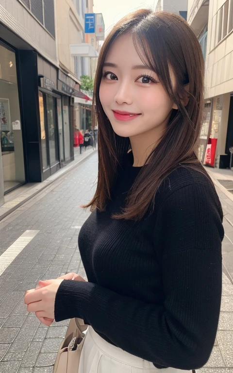 (best quality,highres:1.2),illustration,ultra-detailed,fine details,high resolution,perfect dynamic composition,beautiful detailed eyes,medium hair,natural colored lips,bashful smile,wandering on Aoyama Street,27-year-old girl,black long-sleeved top