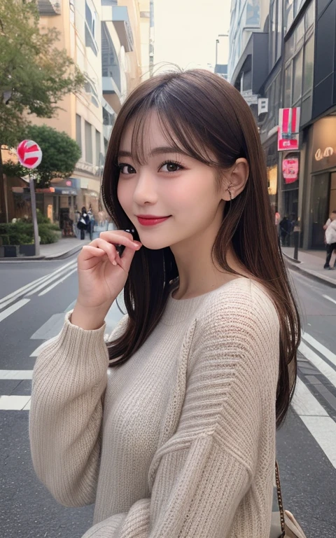 (best quality,highres:1.2),illustration,ultra-detailed,fine details,high resolution,perfect dynamic composition,beautiful detailed eyes,medium hair,natural colored lips,bashful smile,wandering on Aoyama Street,27-year-old girl,black long-sleeved top