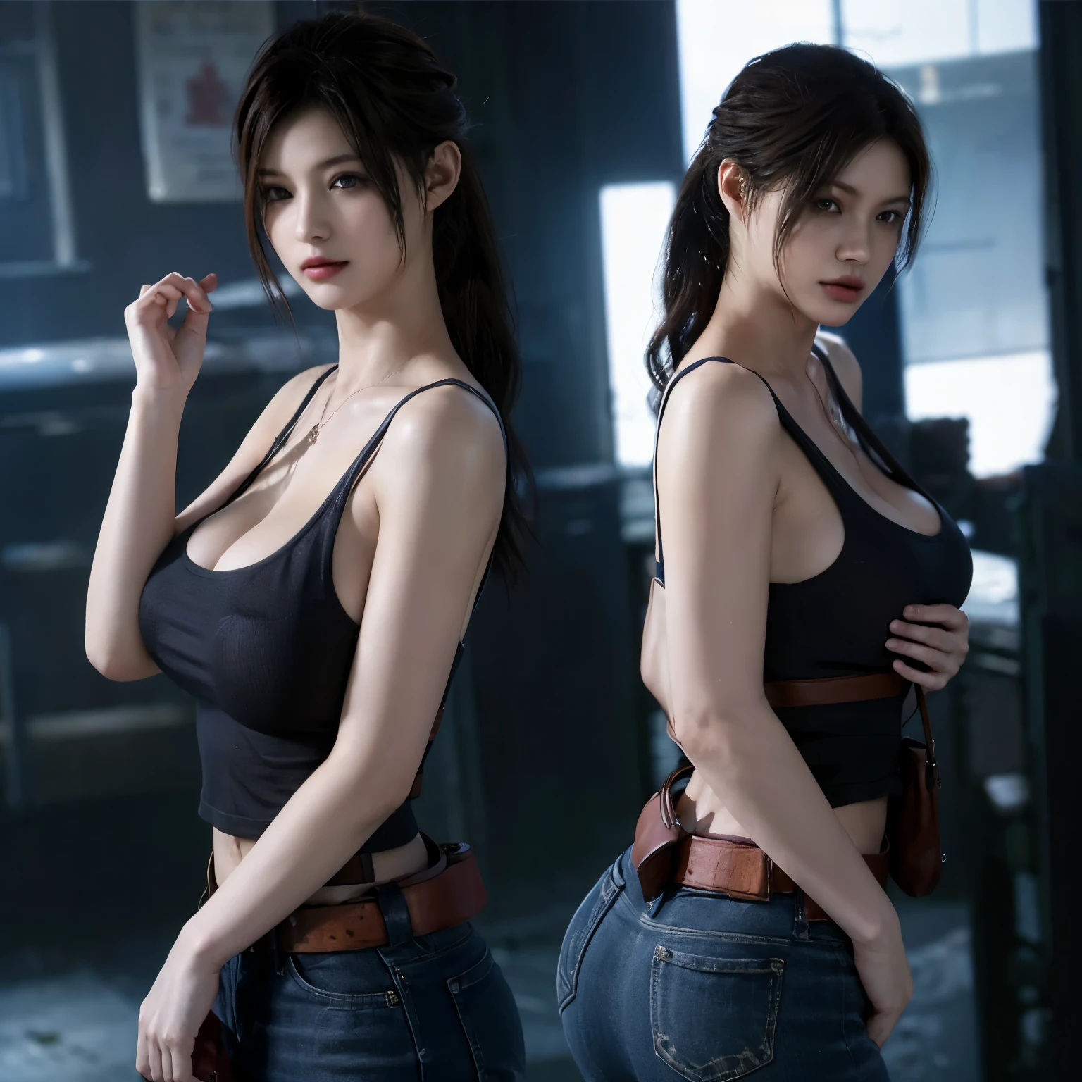 (masterpiece:1.2, Best Quality:1.2), ((Claire Redfield, super beautiful woman)), Resident evil, (Blue shirt, Skinny Trousers), (Colossal tits:1.5, Huge boobs:1.1, Huge breasts:1.2, gigantic cleavage breasts:1.1), (Detailed face, Detailed skin texture, Perfect slim body), (in abandoned convenience store:1.3), Night, Dark atmosphere, show her ass