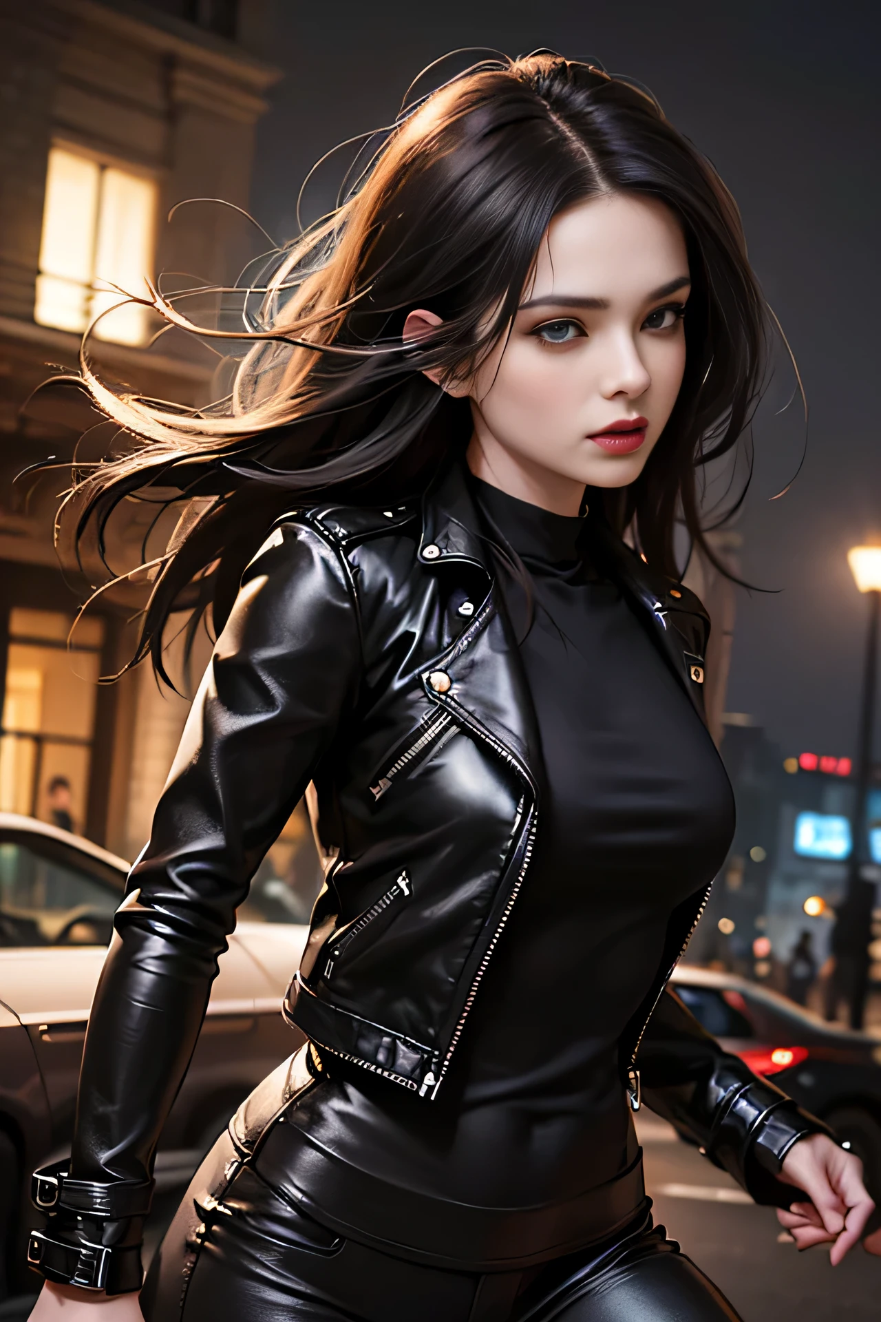 (skindentation:1.5), Realistic, Photorealistic, (masterpiece:1.5), concept art, intricate details, highly detailed, photorealistic, octane render, 8k, unreal engine, dynamic pose, best quality, highres, (realistic face:1.1), (hyperrealistic:1.1), (((full_body))), perfect eyes,(shiny skin:1.2), (((hairstyle))), (((perfect handtremely detailed background), ((dynamic background)), ((1girl)), wearing black leather jacket, black leather long pants, black t-shirt, black bootlowing jacket))), ((detailed eyes, high quality eyes, high quality face)), (extremely intricate jacket), long black hair, dramatic, city, depth of field, bokeh, 4k, college campus, ((standing pose))