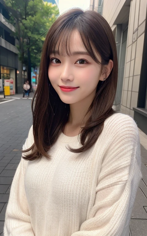 (best quality,highres:1.2),illustration,ultra-detailed,fine details,high resolution,perfect dynamic composition,beautiful detailed eyes,medium hair,natural colored lips,bashful smile,wandering on Aoyama Street,27-year-old girl,black long-sleeved top