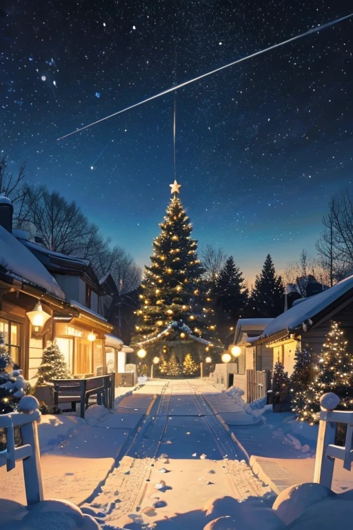 snow landscape, Glittering Christmas tree in the center of the image, The warm, light dots, piled with gifts, lanterns, external, snow in snow, adddetail, bright, bright, Enhanced clarity, A high resolution, Positive point of view,