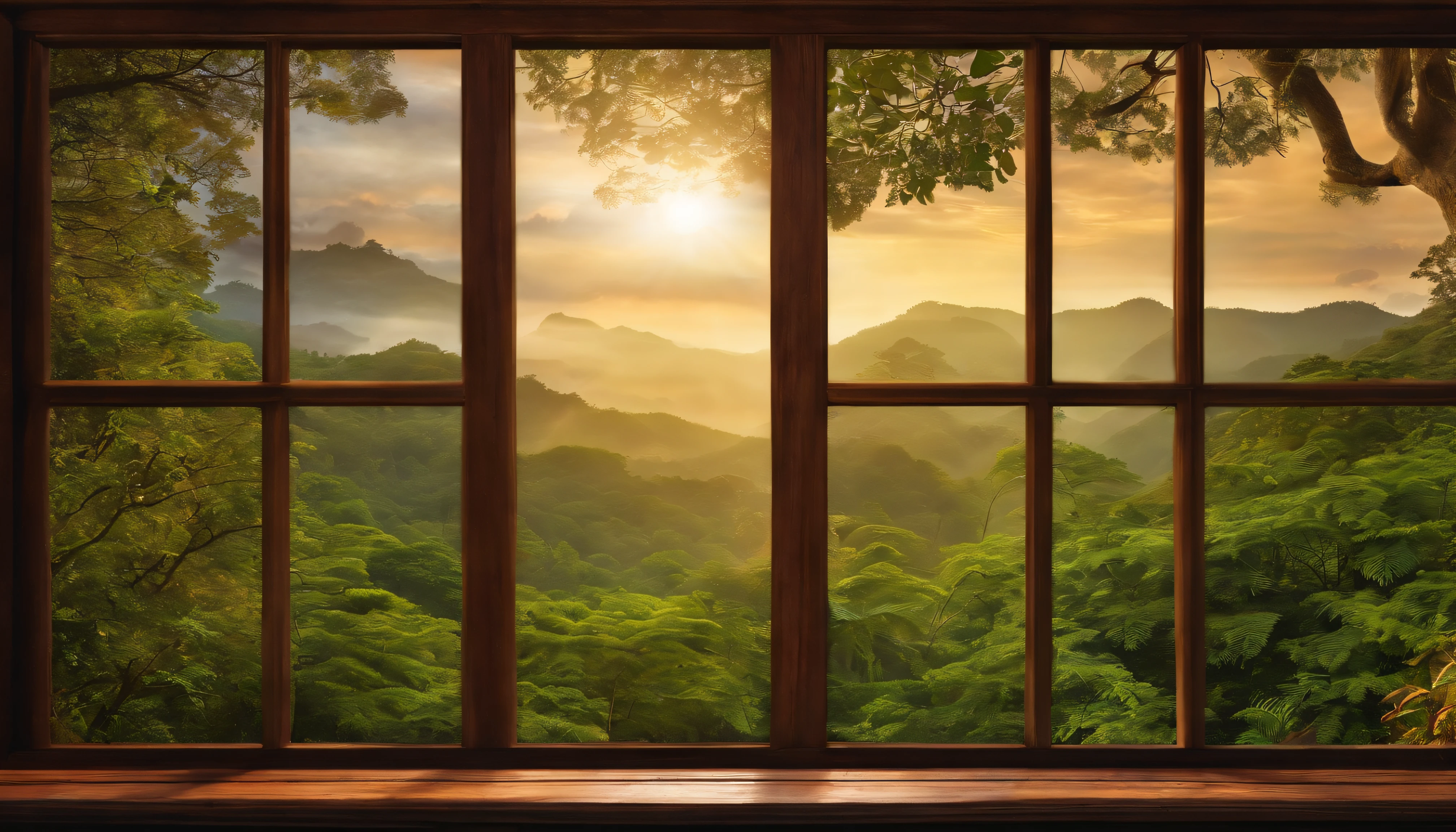 Create images of wooden and glass windows,There is a tree outside the window with slightly burnt branches.,The Brazilian rainforest is in the background.