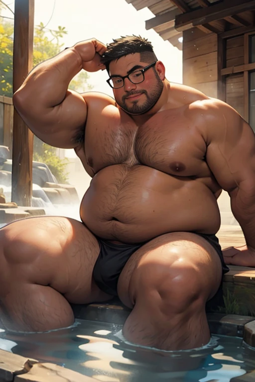 masterpiece,top-quality, in 8K, A fat man is soaking deeply in a large hot spring, Naked, Spread legs, stretch and relax, nerdy, short legs, Bowleg, (fatness: 1.0), Blushing and relaxed fat man, looks sleepy, Bare belly, Bare legs, Shirtless, Glasses, thinning hair, Man with big face, Round face, Wet body, steams, Solo