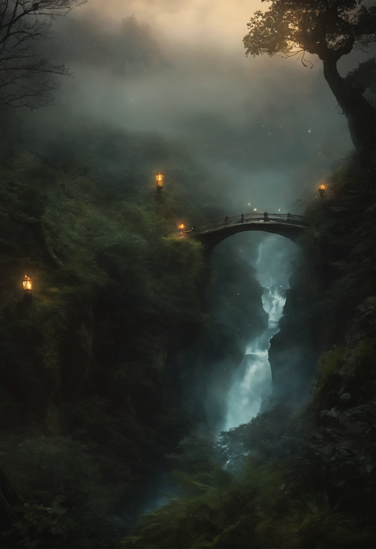 Dark Fantasy, lord of the rings, elves, The Hobbits, Dragons, magiciansWarm morning snowy foggy, Moths, Fireflies, style anime