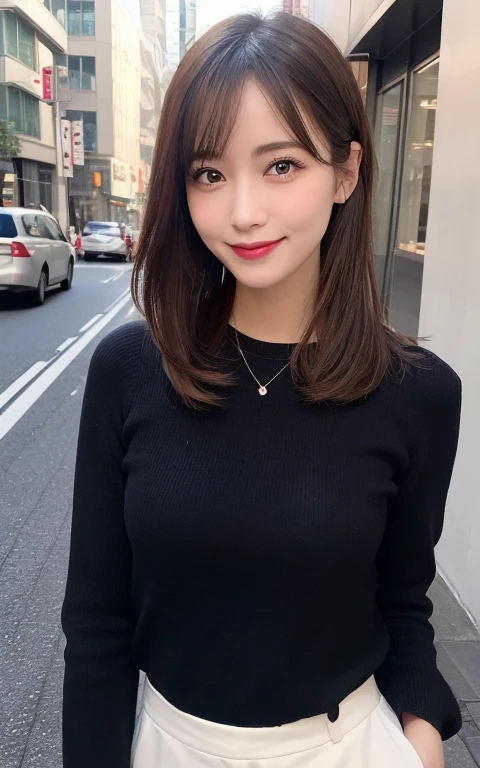 (best quality,highres:1.2),illustration,ultra-detailed,fine details,high resolution,perfect dynamic composition,beautiful detailed eyes,medium hair,natural colored lips,bashful smile,wandering on Aoyama Street,34-year-old girl,black long-sleeved top