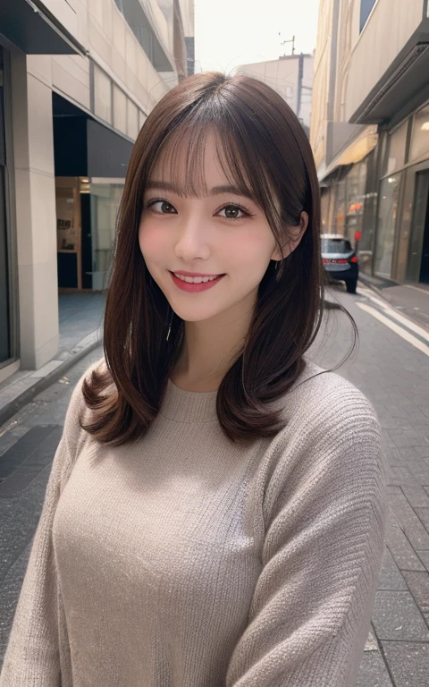 (best quality,highres:1.2),illustration,ultra-detailed,fine details,high resolution,perfect dynamic composition,beautiful detailed eyes,medium hair,natural colored lips,bashful smile,wandering on Aoyama Street,34-year-old girl,black long-sleeved top
