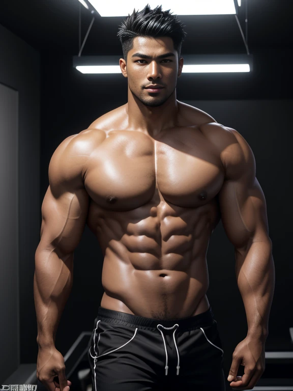 8K，8K分辨率，Muscular blacks, cool guy，Sexy and charming eyes，Dark skin,Fine, smooth and shiny，Plump pectoral muscles，Naked， short white pantig bag，Highlight，best qualityer，profesional lighting，professional photoshooting，Realistic photos，realistic model，photorealistic  art