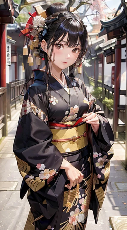 (花魁:1.4)、1girl in,Black hair fringe long hair、Braided hair、disheveled hair、Light brown eyes extraordinary beauty)、(dignified expression)、(Traditional kimono with colorful and shiny luxury Japan:1.4)、(:1.4)、(Photorealsitic)、(intricate detailes:1.2)、(​masterpiece、:1.3)、(top-quality:1.4)、(超A high resolution:1.2)、超A high resolution、(A detailed eye)、(detailed facial features)、Wearing kimono_great night of clothes:1.4)、cherry tree moon、Five-storied Pagoda、Japan Temple