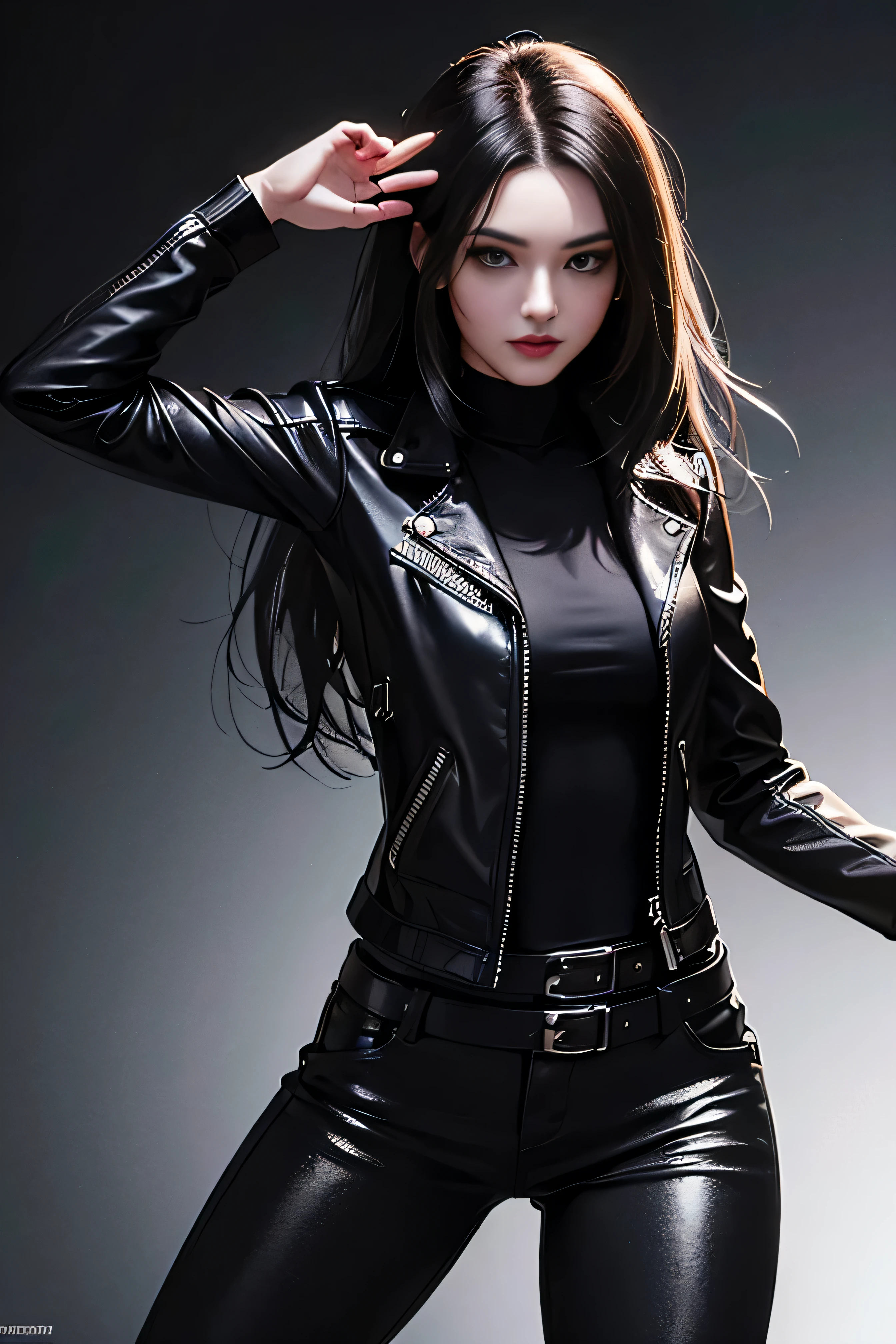 (skindentation:1.5), Realistic, Photorealistic, (masterpiece:1.5), concept art, intricate details, highly detailed, photorealistic, octane render, 8k, unreal engine, dynamic pose, best quality, highres, (realistic face:1.1), (hyperrealistic:1.1), (((full_body))), perfect eyes,(shiny skin:1.2), (((hairstyle))), (((perfect handtremely detailed background), ((dynamic background)), ((1girl)), wearing black leather jacket, black leather long pants, black t-shirt, black bootlowing jacket))), ((detailed eyes, high quality eyes, high quality face)), (extremely intricate jacket), long black hair, dramatic, depth of field, bokeh, 4k, (underworld), ((standing pose))