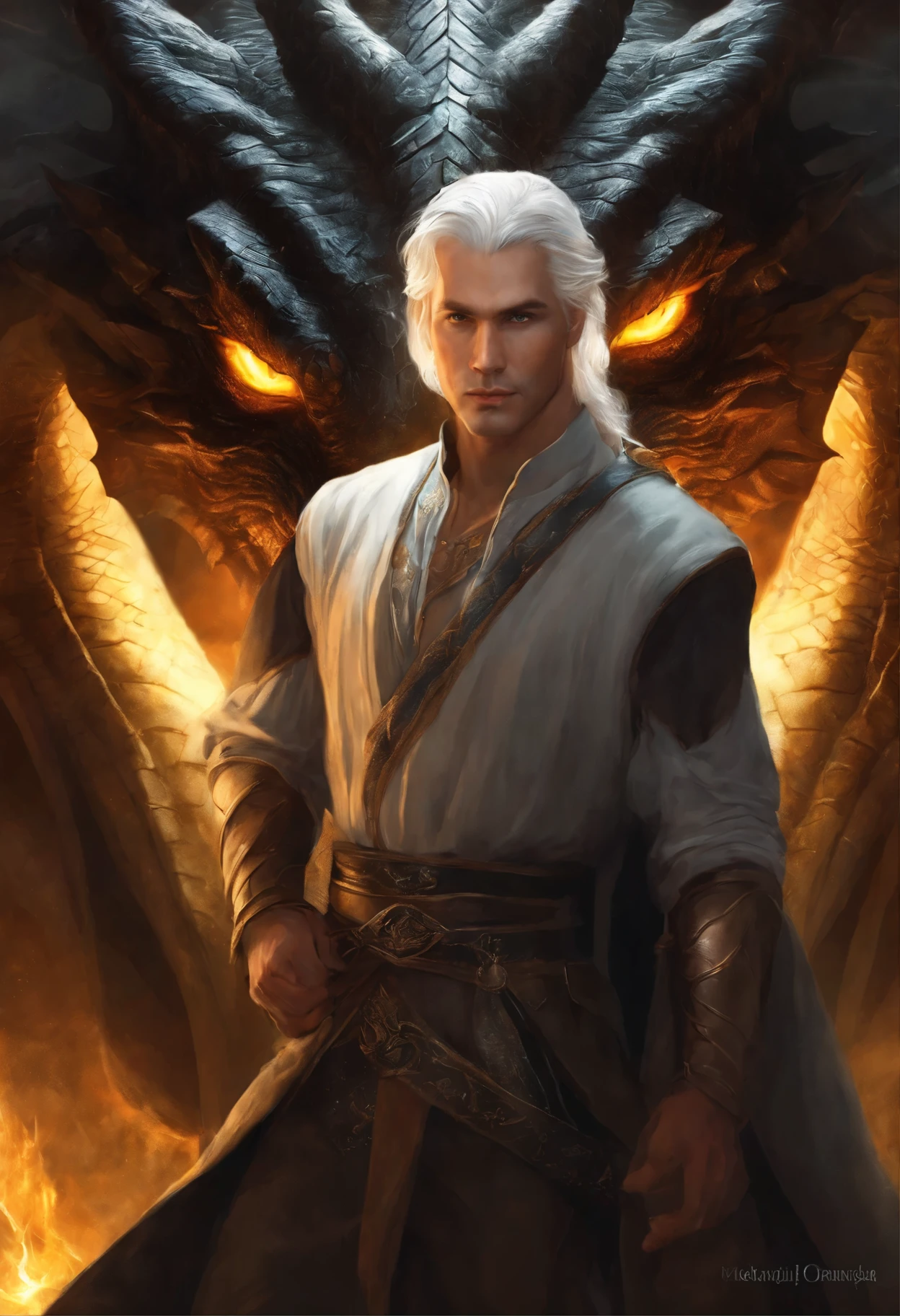 close-up of a man with white hair and yellow eyes, facing the dragon, epic fantasy art style, dark fantasy style art, portrait of fin wildcloak, detailed fanart, Fantasy genre portrait, epic fantasy art portrait, graphic artist magali villeneuve, fantasy male portrait, The Man with the Soul of a Dragon, epic fantasy style art, epic fantasy digital art style